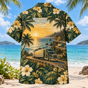 Back view of Sunset Haul Truck Driver Hawaiian Shirt with matching artwork in forest, gold, cream