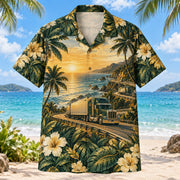Front view of Sunset Haul Truck Driver Hawaiian Shirt with original sunset haul motifs, with tropical botanical accents; no text or branded equipment