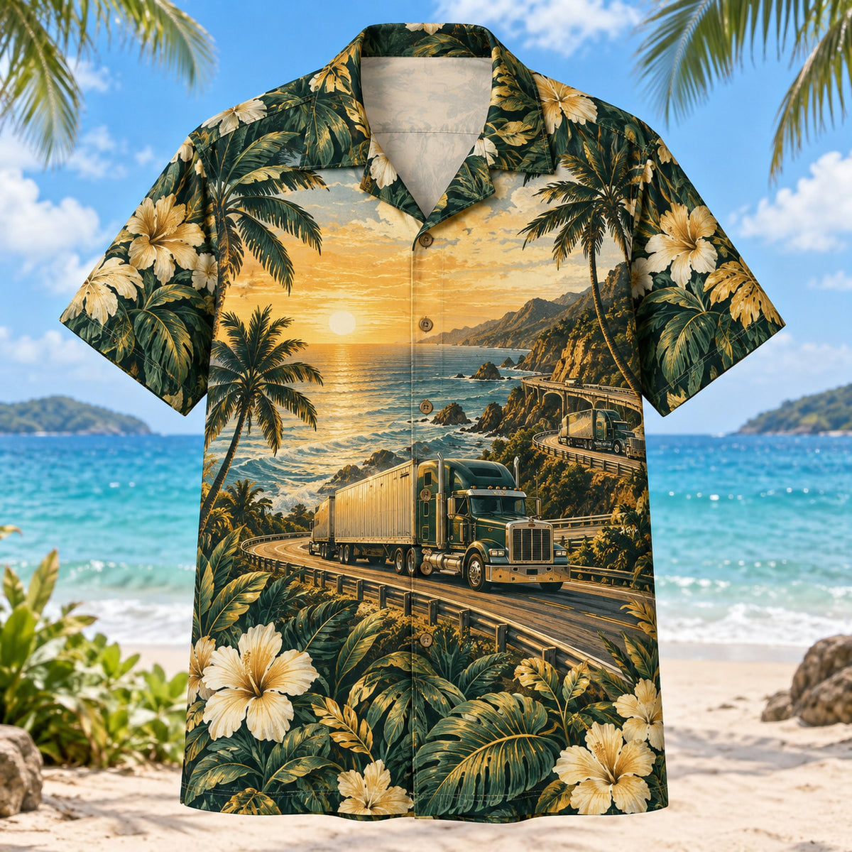Front view of Sunset Haul Truck Driver Hawaiian Shirt with original sunset haul motifs, with tropical botanical accents; no text or branded equipment