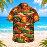 Back view of Sunset Links Hawaiian Shirt showing rolling links-style fairways, low sunset arcs, dunes, flags, golf balls