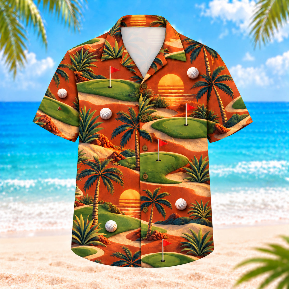 Front view of Sunset Links Hawaiian Shirt showing rolling links-style fairways, low sunset arcs, dunes, flags, golf balls