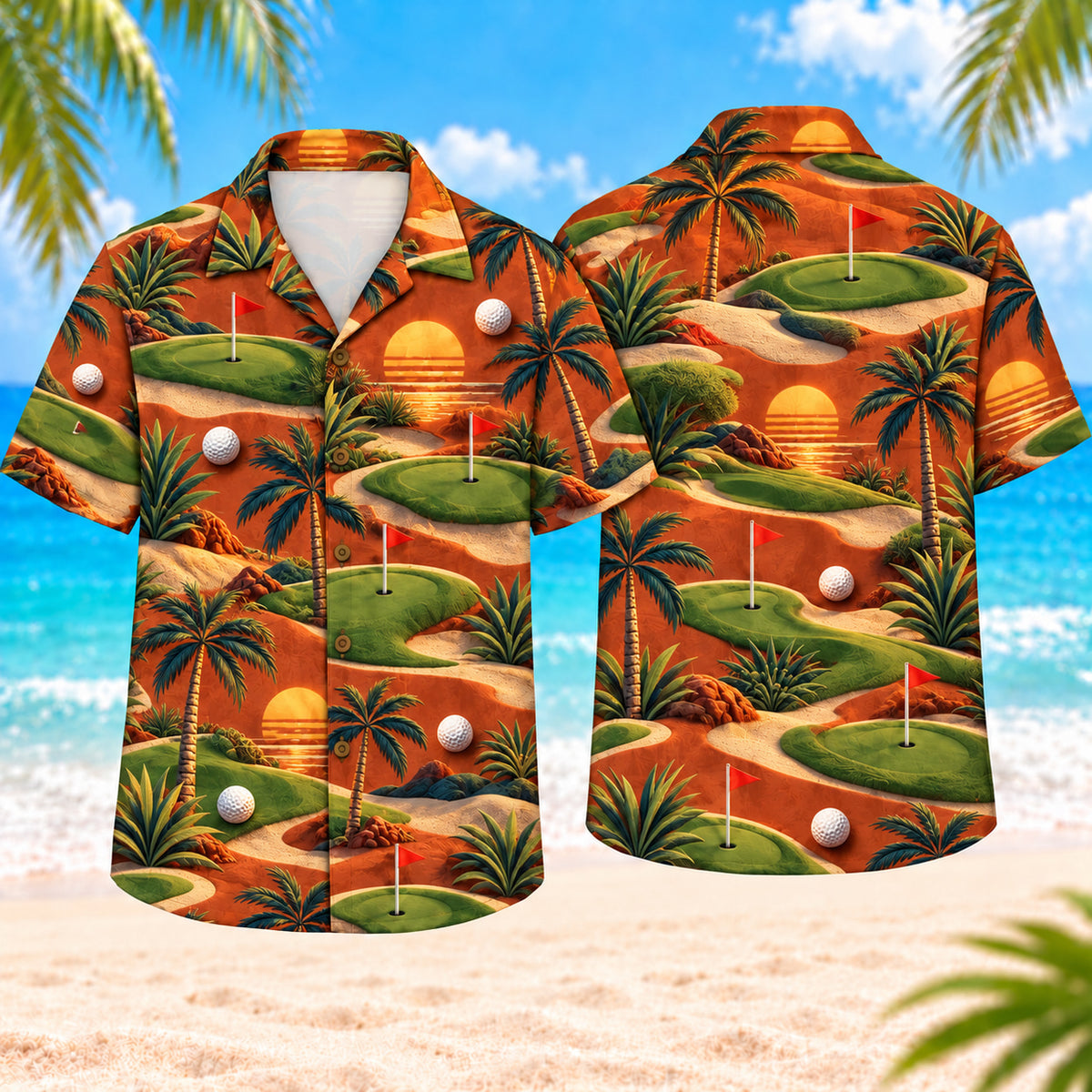 Sunset Links Hawaiian Shirt, front and back views on a beach background with rolling links-style fairways, low sunset arcs, dunes, flags, golf balls