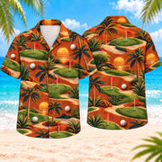 Sunset Links Hawaiian Shirt, front and back views on a beach background with rolling links-style fairways, low sunset arcs, dunes, flags, golf balls