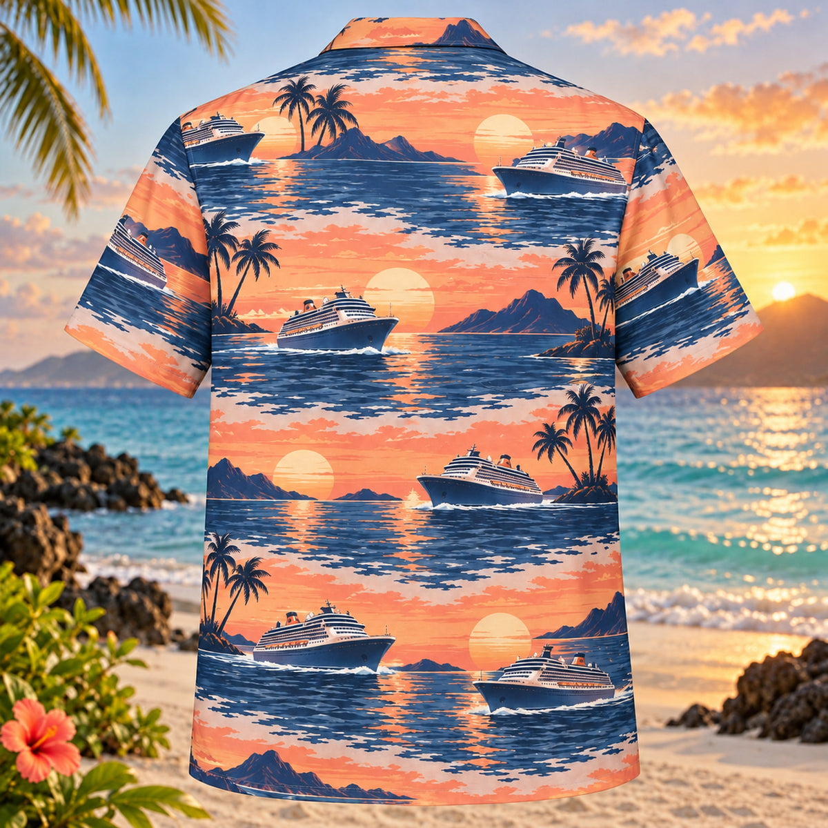 Back view of Sunset Sailing Cruise Travel Hawaiian Shirt with matching artwork in sunset peach, navy, white