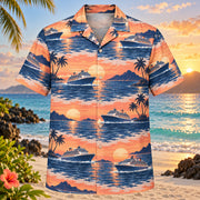Front view of Sunset Sailing Cruise Travel Hawaiian Shirt with original, text-free illustrations of imaginary cruise liners beneath sunset bands