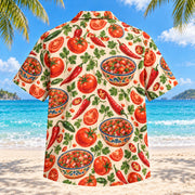 Back view of Sunset Salsa Tex-Mex Hawaiian Shirt with matching artwork in tomato red, peach, warm cream