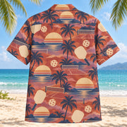 Back view of Sunset Serve Pickleball Hawaiian Shirt with matching pickleball artwork in terracotta, mauve, indigo, cream