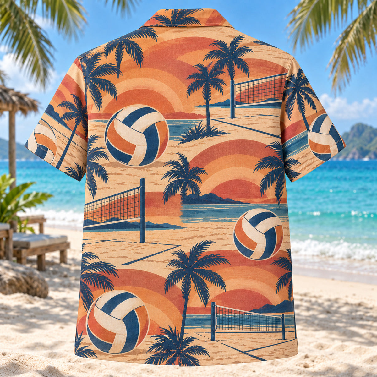 Back view of Sunset Social Beach Volleyball Hawaiian Shirt with matching beach volleyball artwork in terracotta, dusty orange, navy, cream