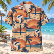Front view of Sunset Social Beach Volleyball Hawaiian Shirt with layered sunset arcs behind generic paneled volleyballs, beach volleyball nets and sand-court lines