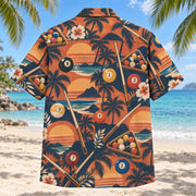 Back view of Sunset Social Billiards Hawaiian Shirt with matching billiards artwork in terracotta, dusty orange, navy, cream
