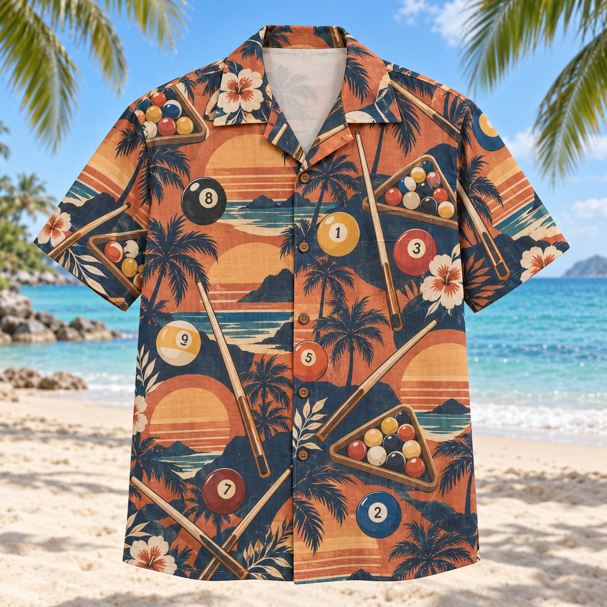 Front view of Sunset Social Billiards Hawaiian Shirt with layered sunset arcs behind numbered pool balls, plain cue sticks and simple racking triangles