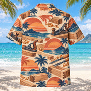 Back view of Sunset Social Carpenter Hawaiian Shirt with matching carpenter artwork in terracotta, dusty orange, navy, cream