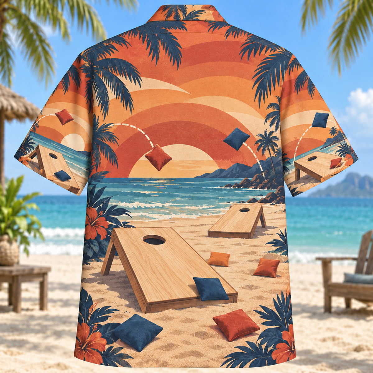Back view of Sunset Social Cornhole Hawaiian Shirt with matching cornhole artwork in terracotta, dusty orange, navy, cream