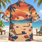 Back view of Sunset Social Cornhole Hawaiian Shirt with matching cornhole artwork in terracotta, dusty orange, navy, cream