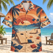 Front view of Sunset Social Cornhole Hawaiian Shirt with layered sunset arcs behind plain wooden cornhole boards with circular holes, colorful fabric bean bags and toss arcs