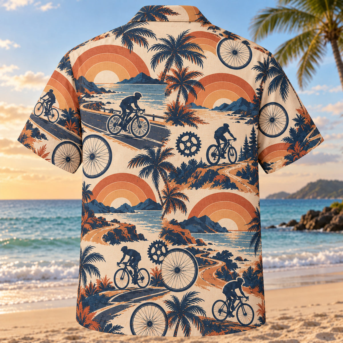 Back view of Sunset Social Cycling Hawaiian Shirt with matching cycling artwork in terracotta, dusty orange, navy, cream