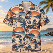 Front view of Sunset Social Cycling Hawaiian Shirt with layered sunset arcs behind generic unbranded bicycles, spinning wheels and simple chainrings