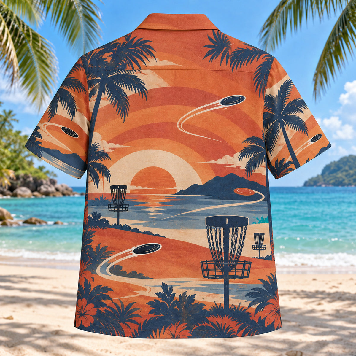 Back view of Sunset Social Disc Golf Hawaiian Shirt with matching disc golf artwork in terracotta, dusty orange, navy, cream