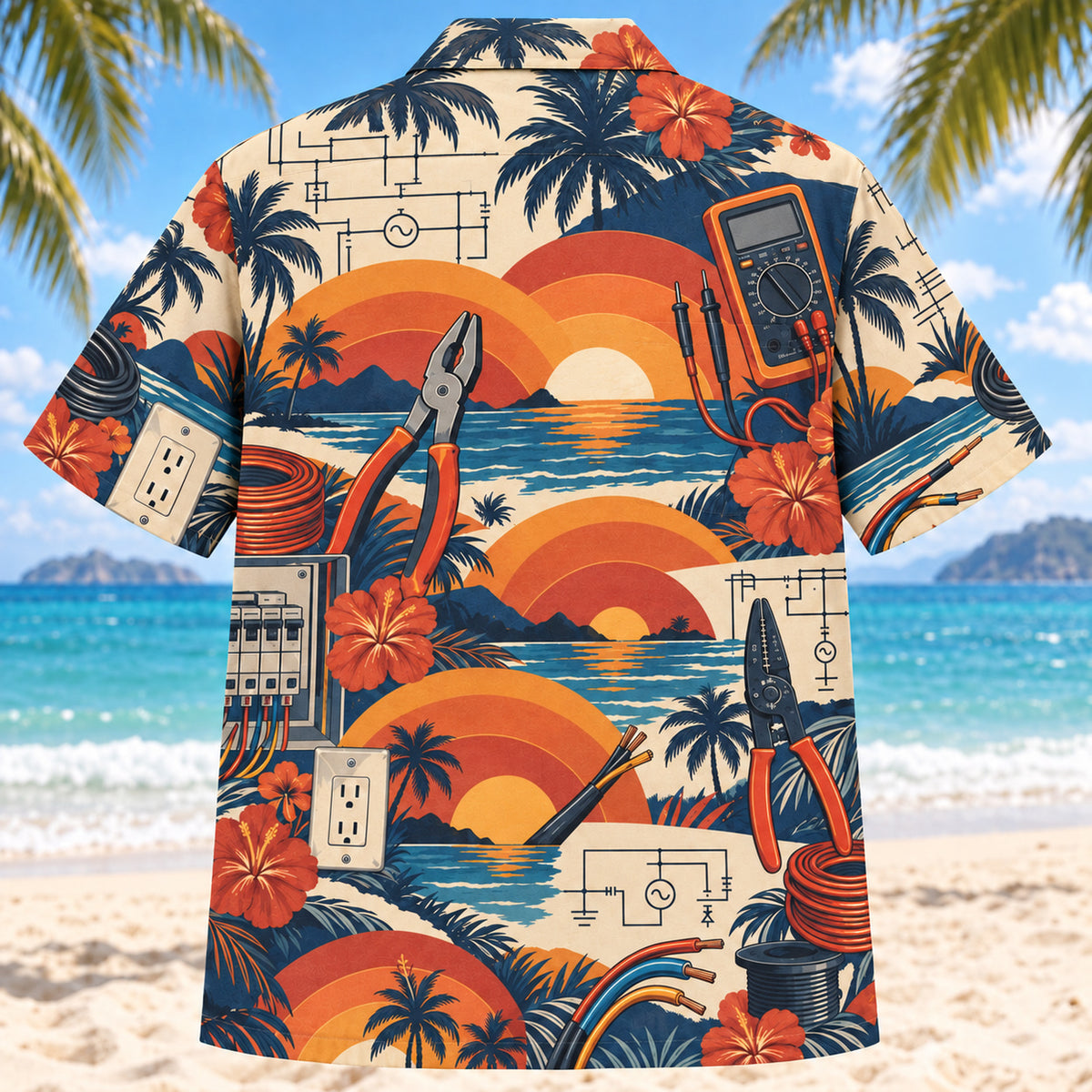 Back view of Sunset Social Electrician Hawaiian Shirt with matching electrician artwork in terracotta, dusty orange, navy, cream
