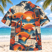 Back view of Sunset Social Electrician Hawaiian Shirt with matching electrician artwork in terracotta, dusty orange, navy, cream