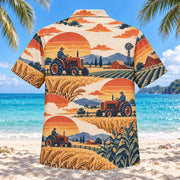 Back view of Sunset Social Farmer and Tractor Hawaiian Shirt with matching farmer and tractor artwork in terracotta, dusty orange, navy, cream