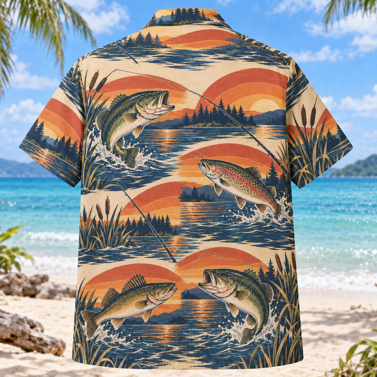 Back view of Sunset Social Freshwater Fishing Hawaiian Shirt with matching freshwater fishing artwork in terracotta, dusty orange, navy, cream