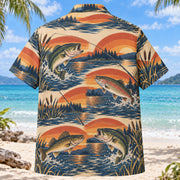 Back view of Sunset Social Freshwater Fishing Hawaiian Shirt with matching freshwater fishing artwork in terracotta, dusty orange, navy, cream