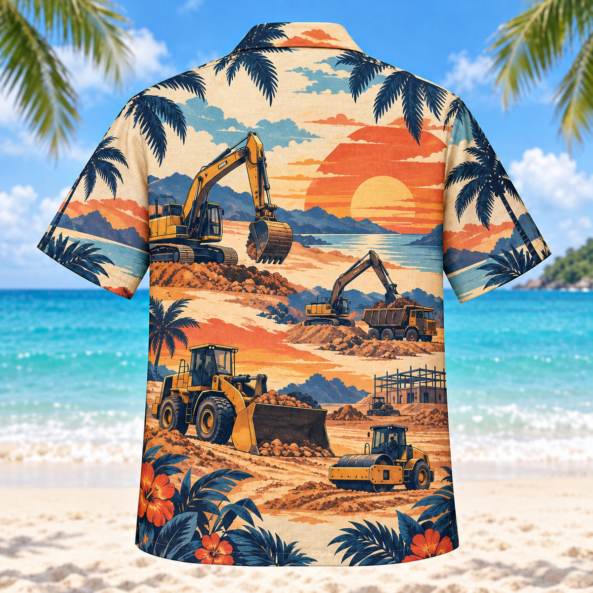 Back view of Sunset Social Heavy Equipment Operator Hawaiian Shirt with matching heavy equipment operator artwork in terracotta, dusty orange, navy, cream