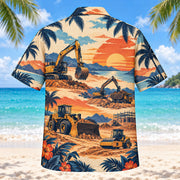 Back view of Sunset Social Heavy Equipment Operator Hawaiian Shirt with matching heavy equipment operator artwork in terracotta, dusty orange, navy, cream