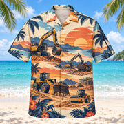 Front view of Sunset Social Heavy Equipment Operator Hawaiian Shirt with layered sunset arcs behind generic excavators, rollers, buckets and original construction scenes