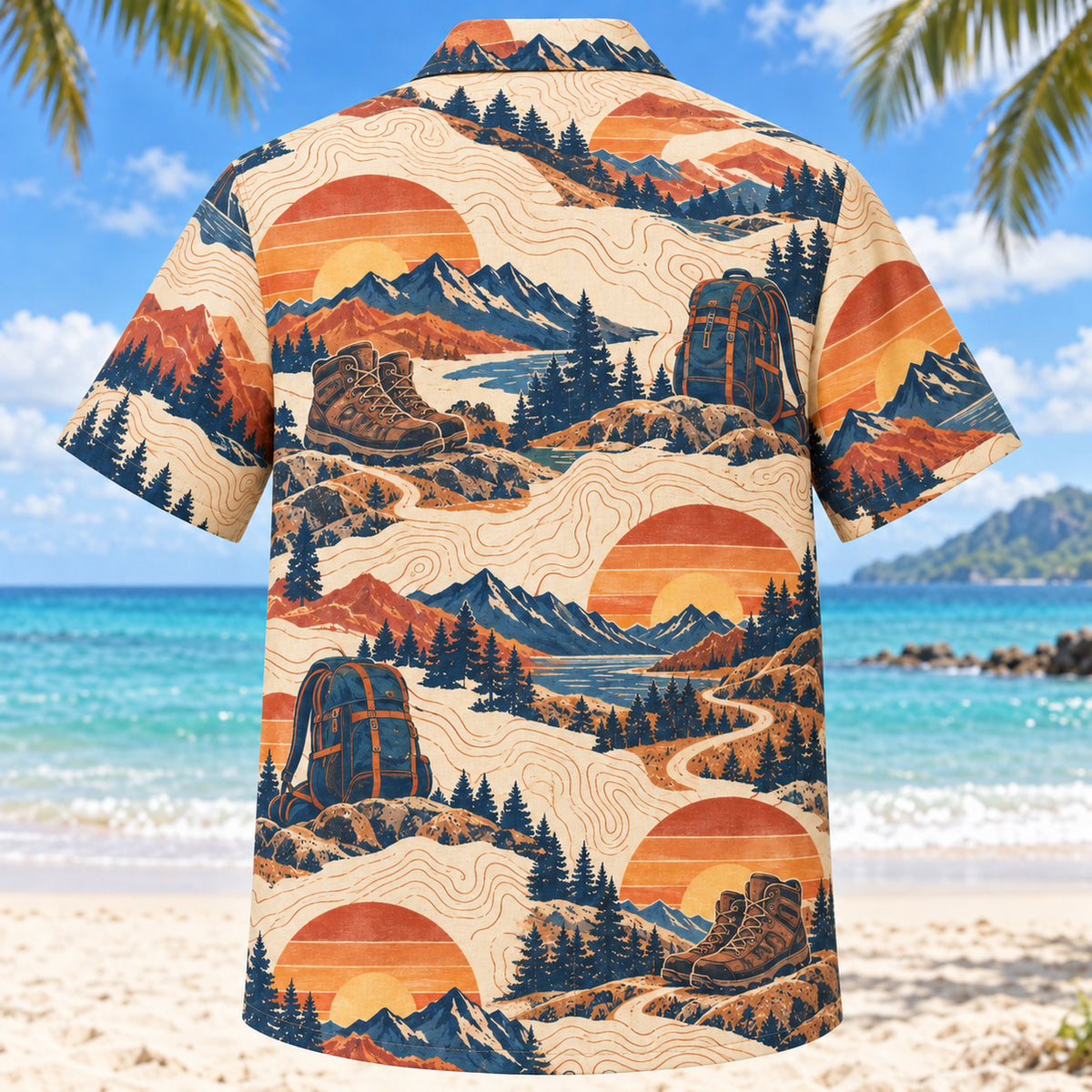 Back view of Sunset Social Hiking and Backpacking Hawaiian Shirt with matching hiking and backpacking artwork in terracotta, dusty orange, navy, cream