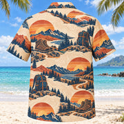 Back view of Sunset Social Hiking and Backpacking Hawaiian Shirt with matching hiking and backpacking artwork in terracotta, dusty orange, navy, cream