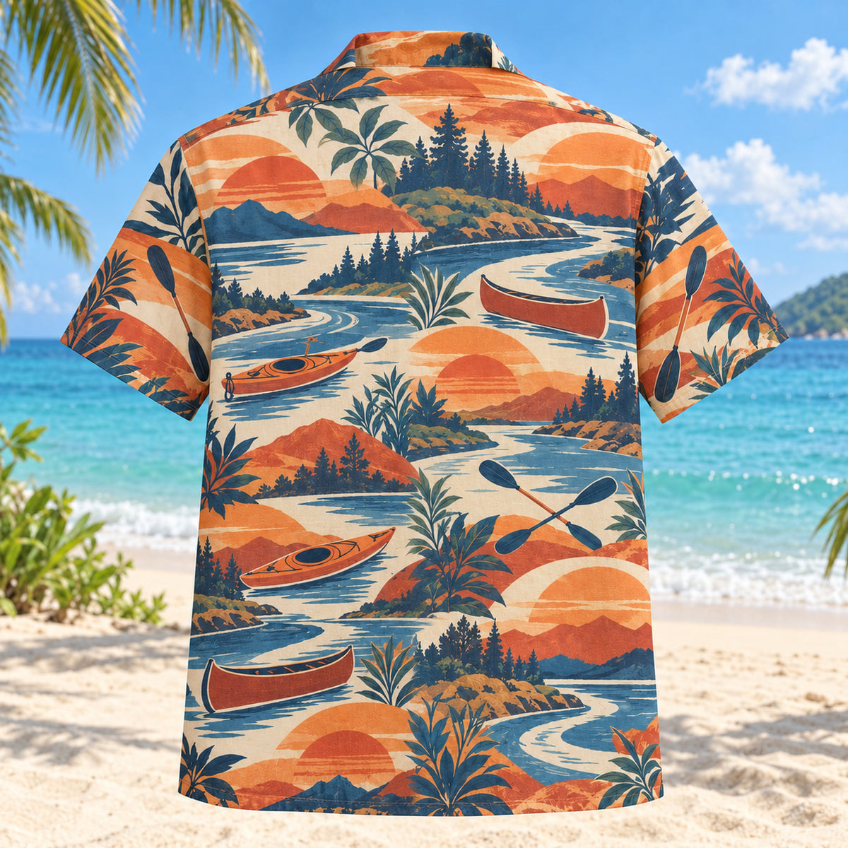 Back view of Sunset Social Kayak and Canoe Hawaiian Shirt with matching kayak and canoe artwork in terracotta, dusty orange, navy, cream