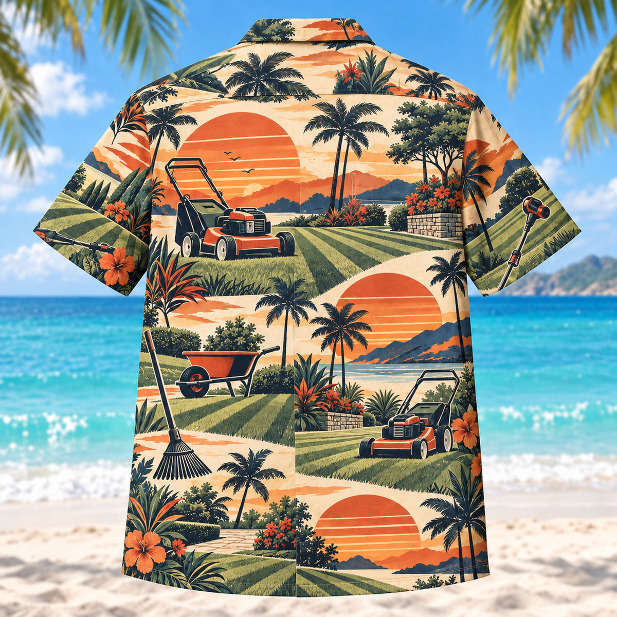 Back view of Sunset Social Landscaper Hawaiian Shirt with matching landscaper artwork in terracotta, dusty orange, navy, cream