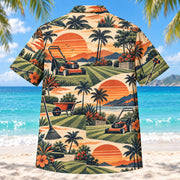 Back view of Sunset Social Landscaper Hawaiian Shirt with matching landscaper artwork in terracotta, dusty orange, navy, cream