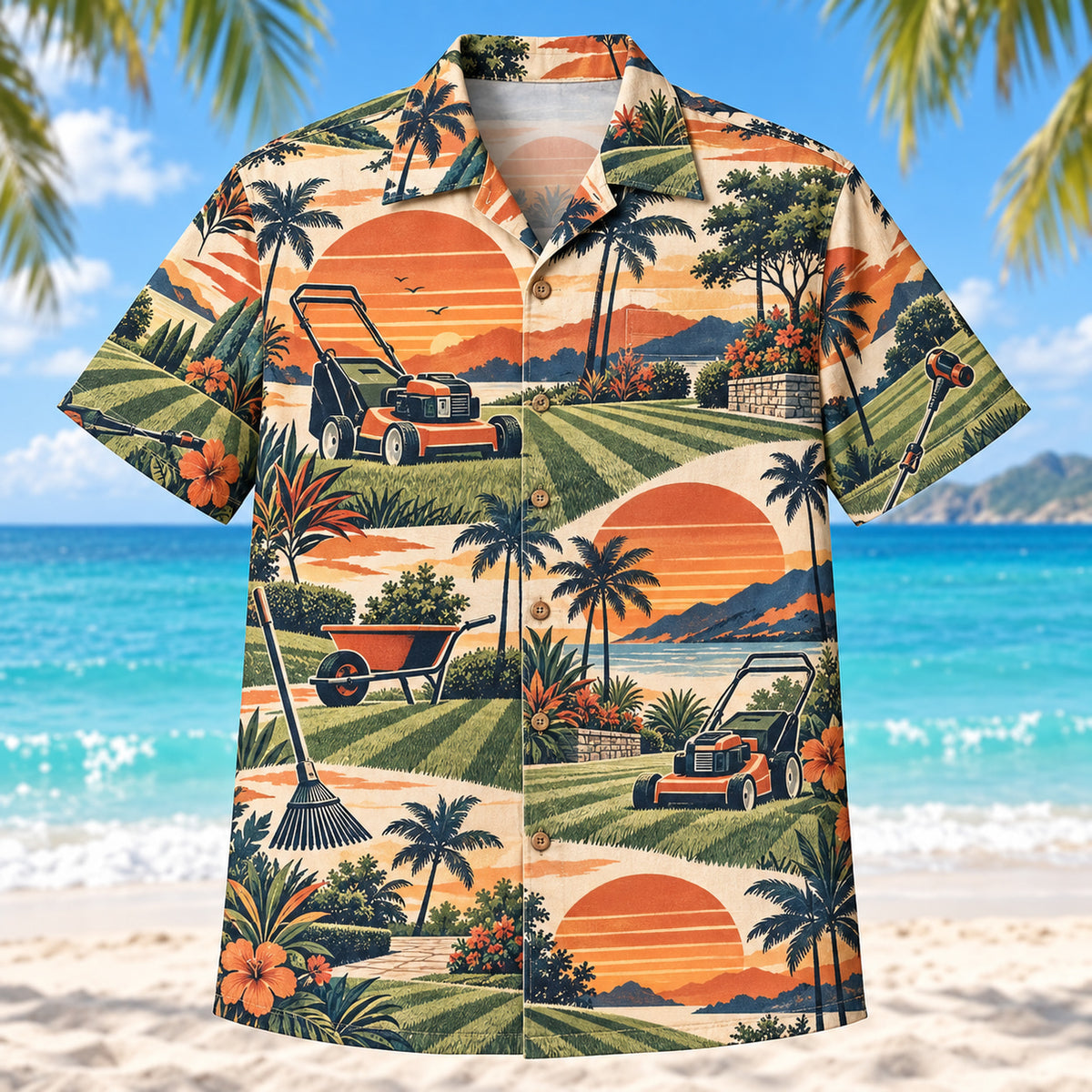 Front view of Sunset Social Landscaper Hawaiian Shirt with layered sunset arcs behind generic lawn mowers, freshly cut turf stripes, trimming tools and original garden scenes