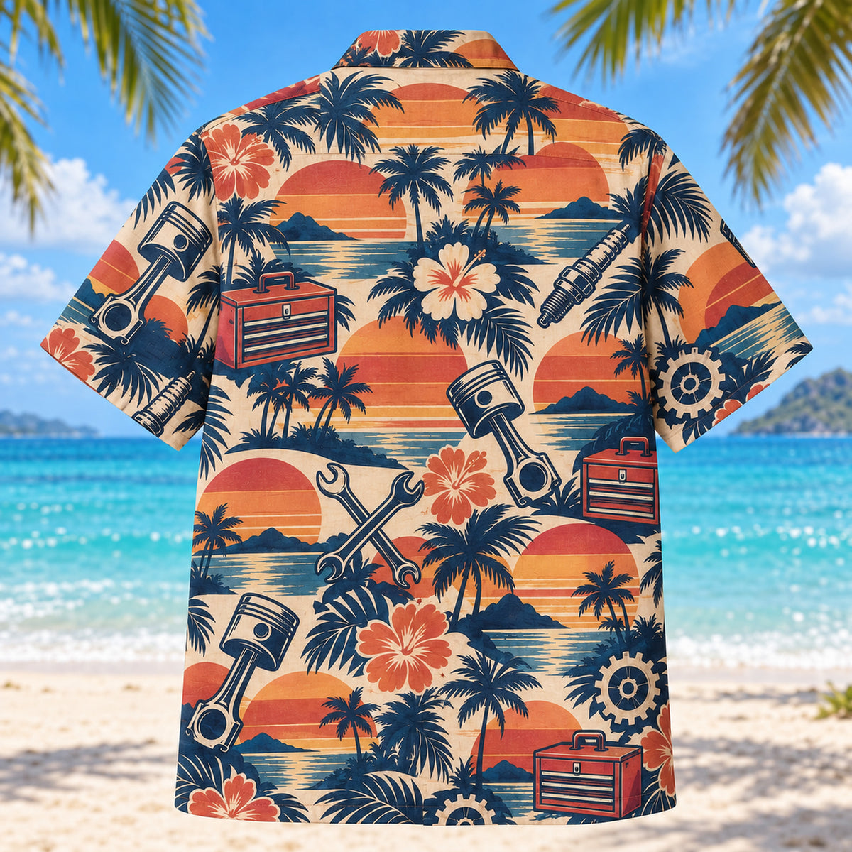 Back view of Sunset Social Mechanic Hawaiian Shirt with matching mechanic artwork in terracotta, dusty orange, navy, cream