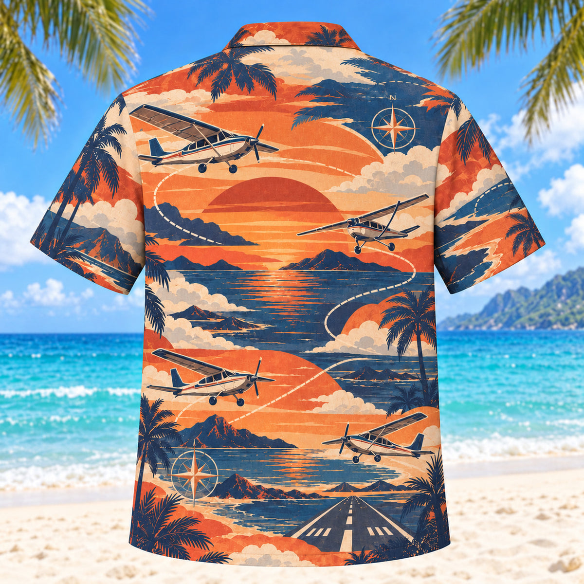 Back view of Sunset Social Pilot and Aviation Hawaiian Shirt with matching pilot and aviation artwork in terracotta, dusty orange, navy, cream
