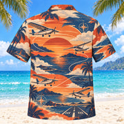 Back view of Sunset Social Pilot and Aviation Hawaiian Shirt with matching pilot and aviation artwork in terracotta, dusty orange, navy, cream