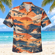 Front view of Sunset Social Pilot and Aviation Hawaiian Shirt with layered sunset arcs behind unbranded civilian propeller planes, imaginary flight paths, clouds, compasses and runways