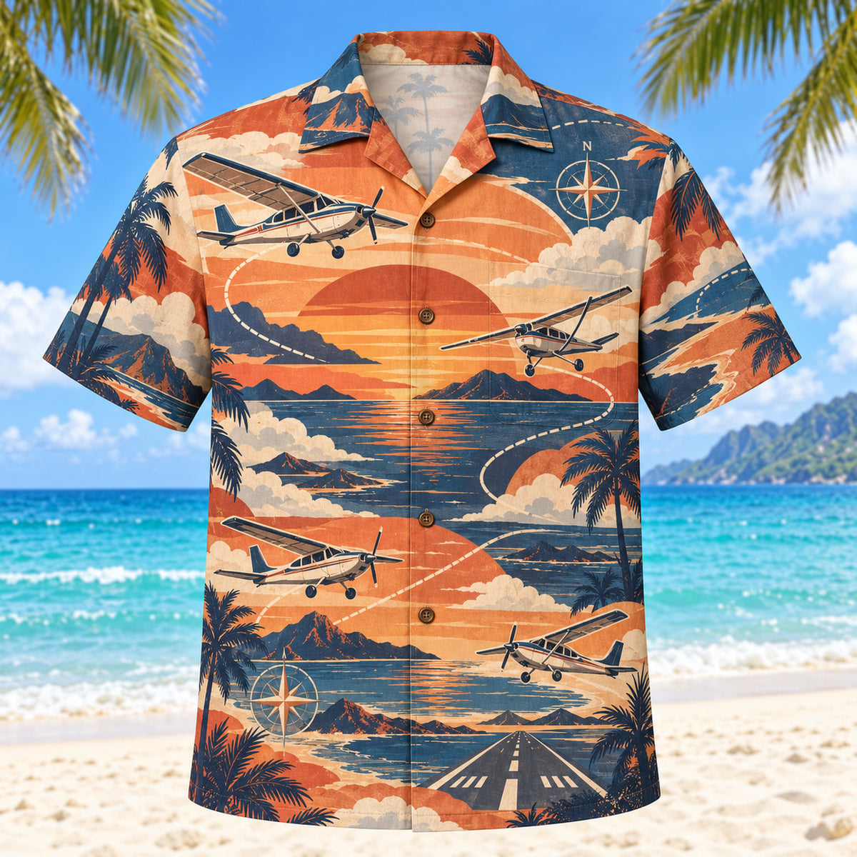 Front view of Sunset Social Pilot and Aviation Hawaiian Shirt with layered sunset arcs behind unbranded civilian propeller planes, imaginary flight paths, clouds, compasses and runways