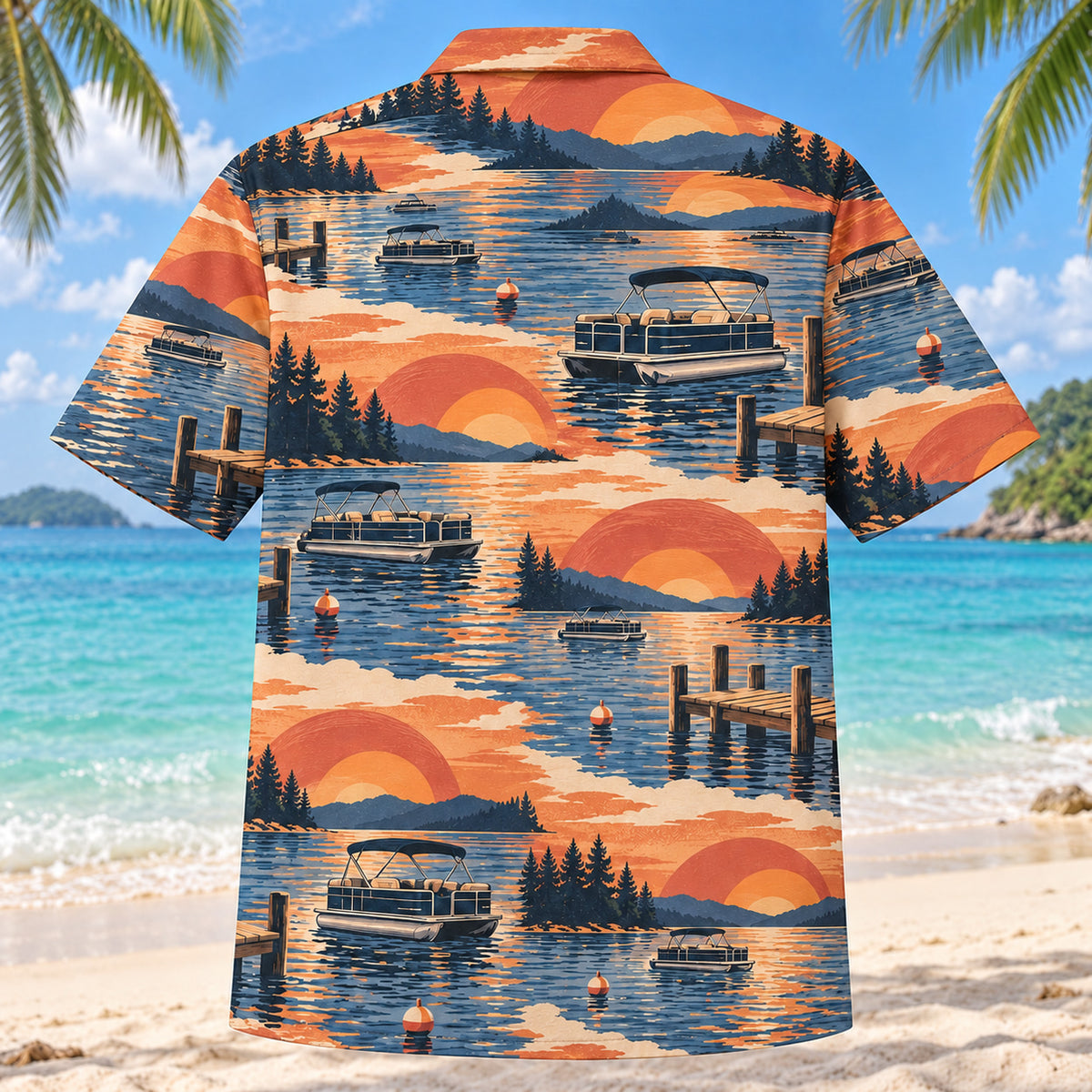 Back view of Sunset Social Pontoon Boating Hawaiian Shirt with matching pontoon boating artwork in terracotta, dusty orange, navy, cream