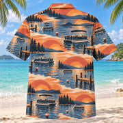 Back view of Sunset Social Pontoon Boating Hawaiian Shirt with matching pontoon boating artwork in terracotta, dusty orange, navy, cream
