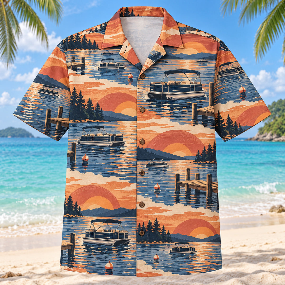 Front view of Sunset Social Pontoon Boating Hawaiian Shirt with layered sunset arcs behind generic pontoon boats, lake docks, buoys and calm-water ripples