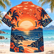 Back view of Sunset Social Programmer Hawaiian Shirt with matching programmer artwork in terracotta, dusty orange, navy, cream