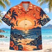 Front view of Sunset Social Programmer Hawaiian Shirt with layered sunset arcs behind original brackets, readable self-written pseudocode, binary patterns, pixels and invented debugging symbols