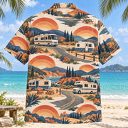 Back view of Sunset Social RV and Travel Trailer Hawaiian Shirt with matching rv and travel trailer artwork in terracotta, dusty orange, navy, cream