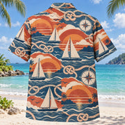 Back view of Sunset Social Sailing Hawaiian Shirt with matching sailing artwork in terracotta, dusty orange, navy, cream