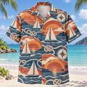 Front view of Sunset Social Sailing Hawaiian Shirt with layered sunset arcs behind imaginary sailboats, knots, compasses and wave forms