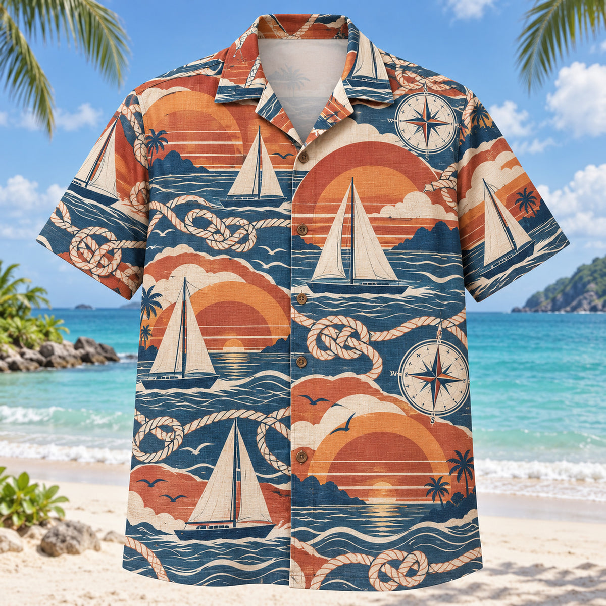 Front view of Sunset Social Sailing Hawaiian Shirt with layered sunset arcs behind imaginary sailboats, knots, compasses and wave forms